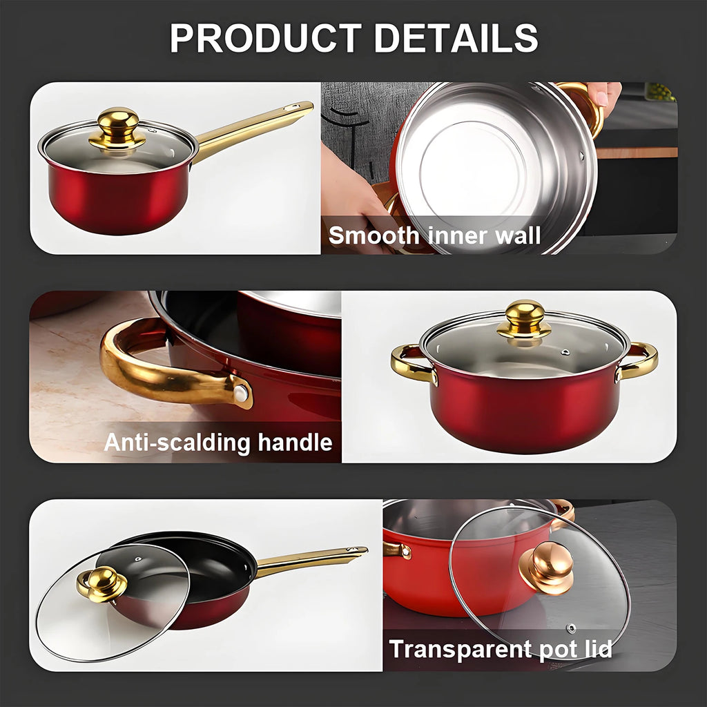 Red Cookware Set, 12-Piece ,Stainless Steel, Non-Stick, Kitchen Cookware Collection,Complete Kitchen Solution