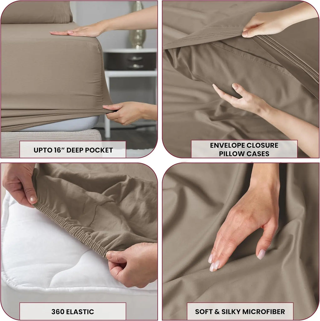 6 Piece Ultra-Soft Microfiber Bed Sheets with Flat Sheet, 16 Inches Deep Pocket Fitted