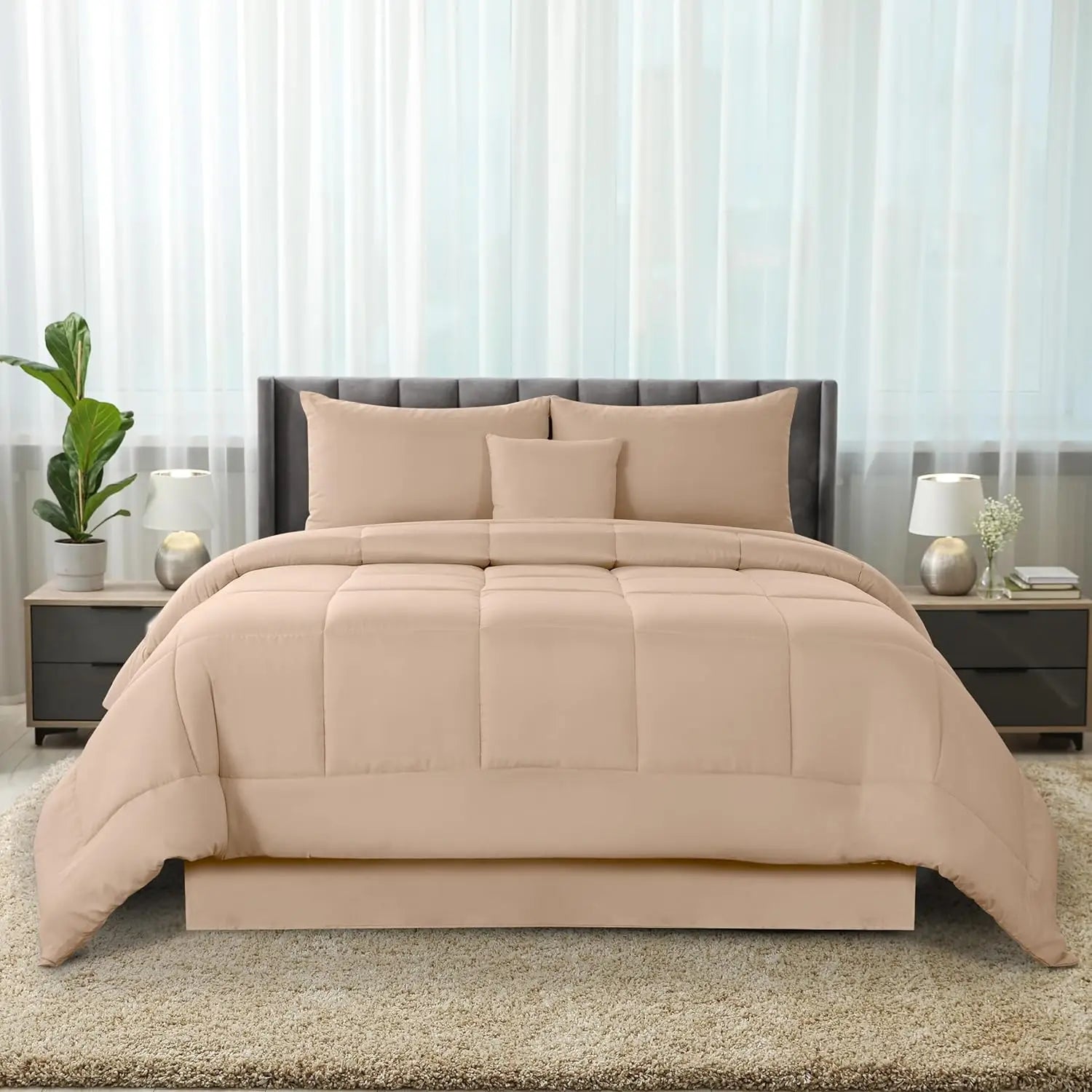 5pc Queen Comforter Set, All-in-One Bed in a Bag, Includes 1 Comforter, 2 Pillow Shams, 1 Decorative Pillow & 1 Bed skirt.
