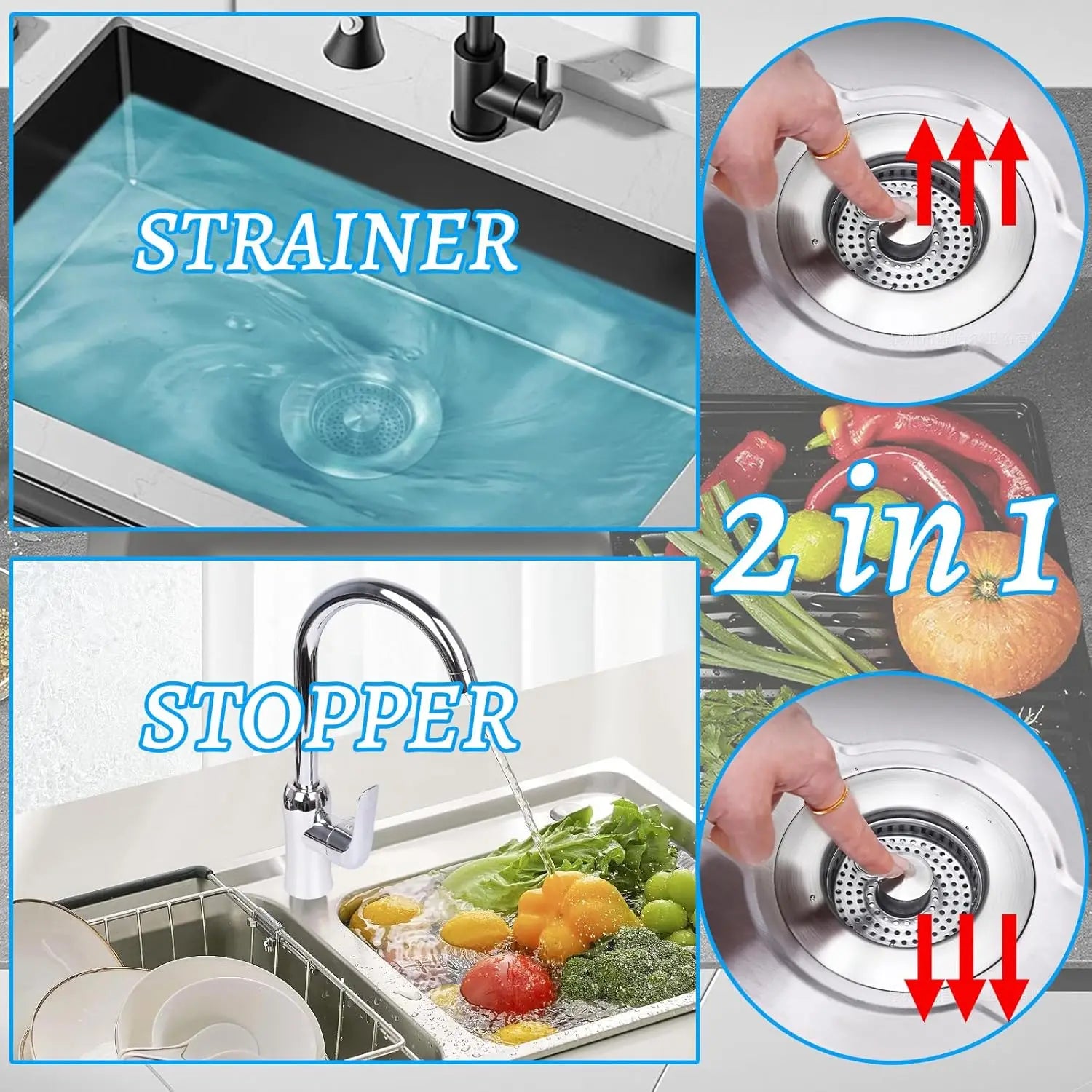 3 in 1 Kitchen Sink Drain Strainer, Universal Stainless Steel Kitchen Sink Stopper,