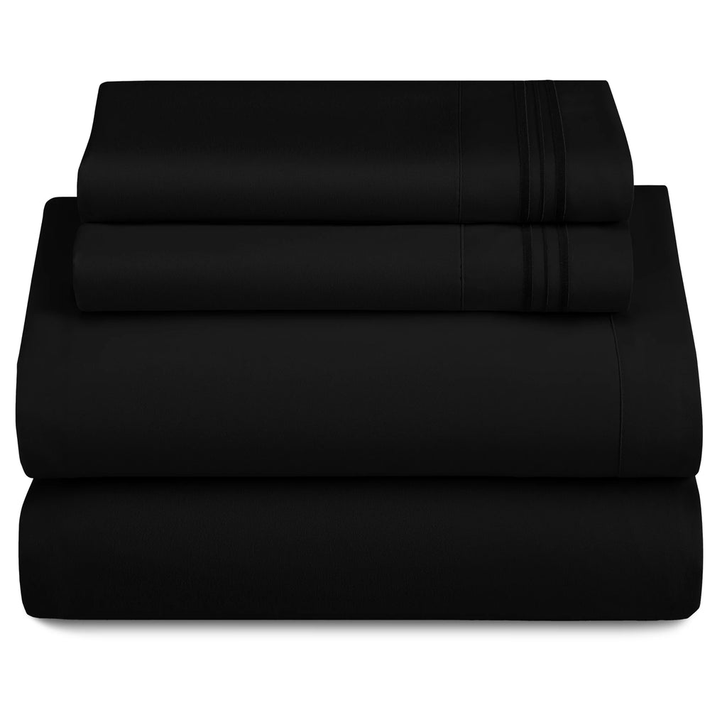 Lux Décor 4Pc Solid Sheet Set – Brushed Microfiber, 16" Deep Pockets, with Embroidered & Plain Pillowcases