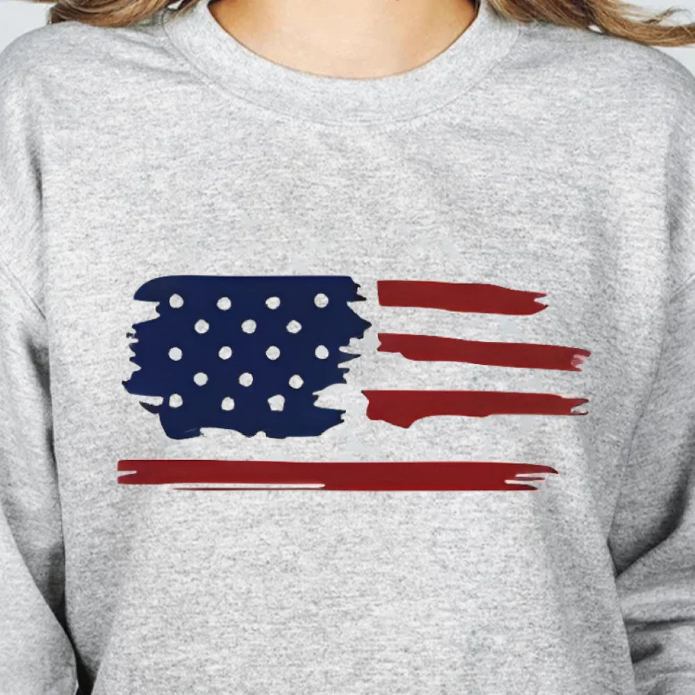 Brush Stroke Flag Sweatshirt Artistic Patriotic Print Casual Loose Long Sleeved