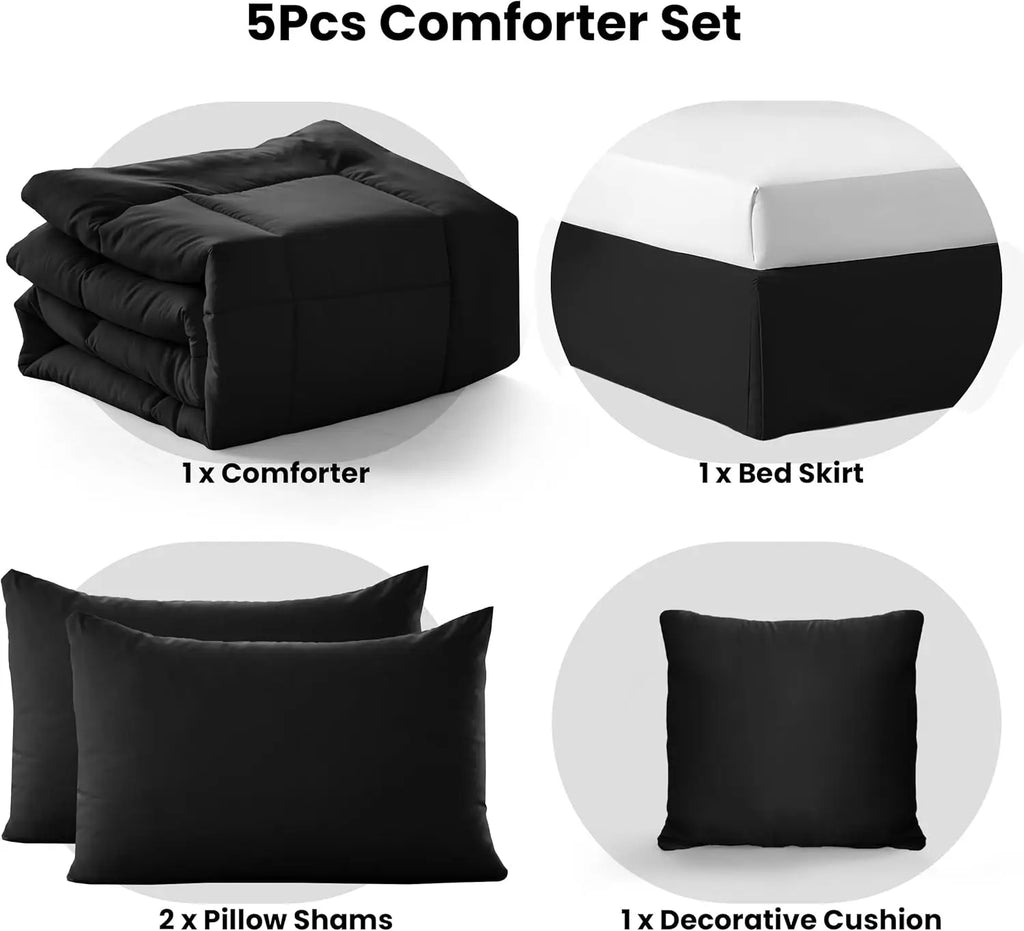 5pc Queen Comforter Set, All-in-One Bed in a Bag, Includes 1 Comforter, 2 Pillow Shams, 1 Decorative Pillow & 1 Bed skirt.