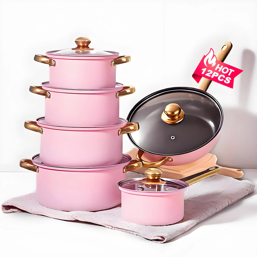 Red Cookware Set, 12-Piece ,Stainless Steel, Non-Stick, Kitchen Cookware Collection,Complete Kitchen Solution