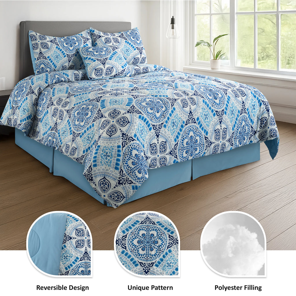 Reversible 5pc Comforter Set,  Microfiber Bed in a Bag, Includes 1 Comforter, 2 Pillow Shams