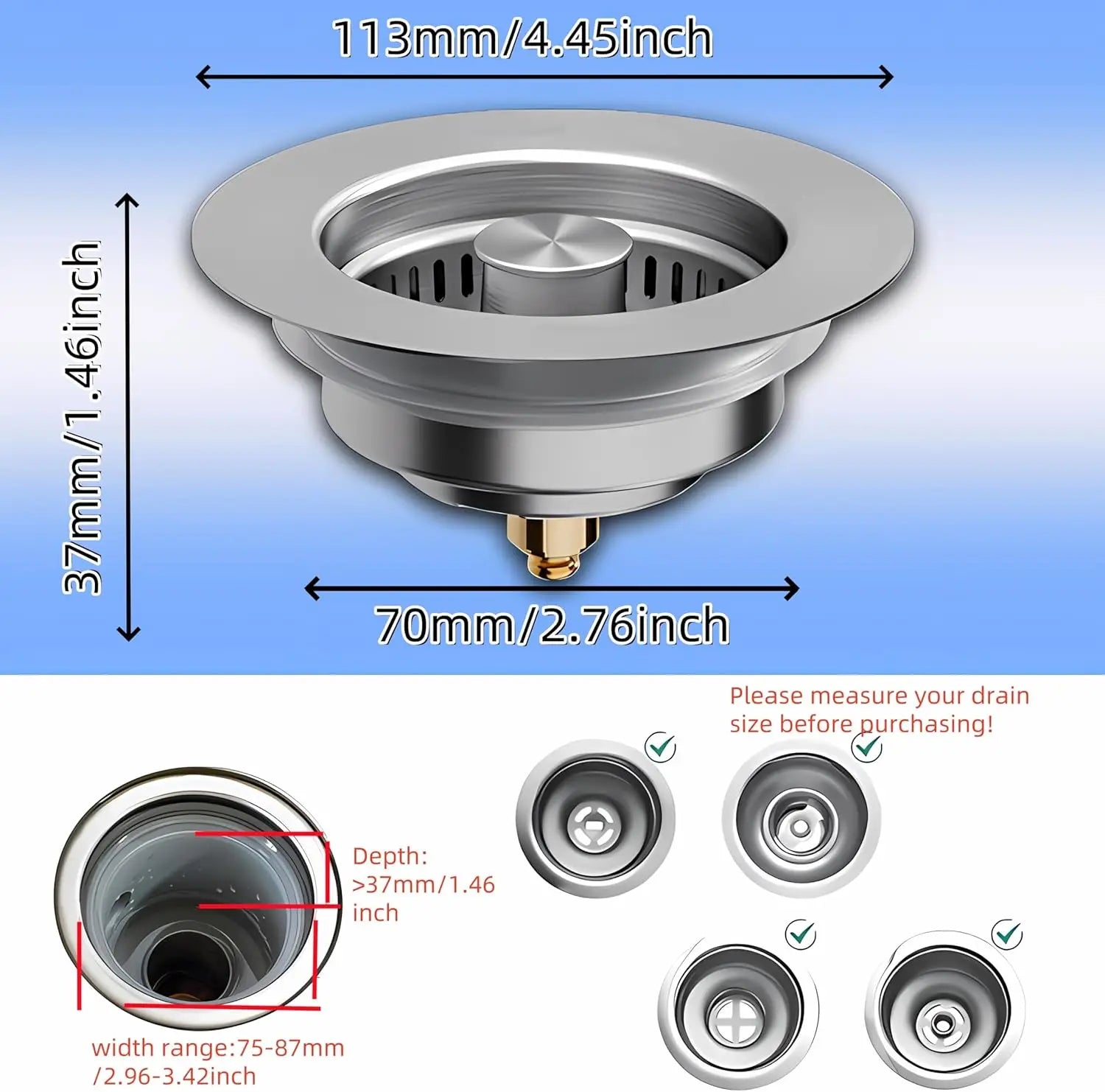3 in 1 Kitchen Sink Drain Strainer, Universal Stainless Steel Kitchen Sink Stopper,