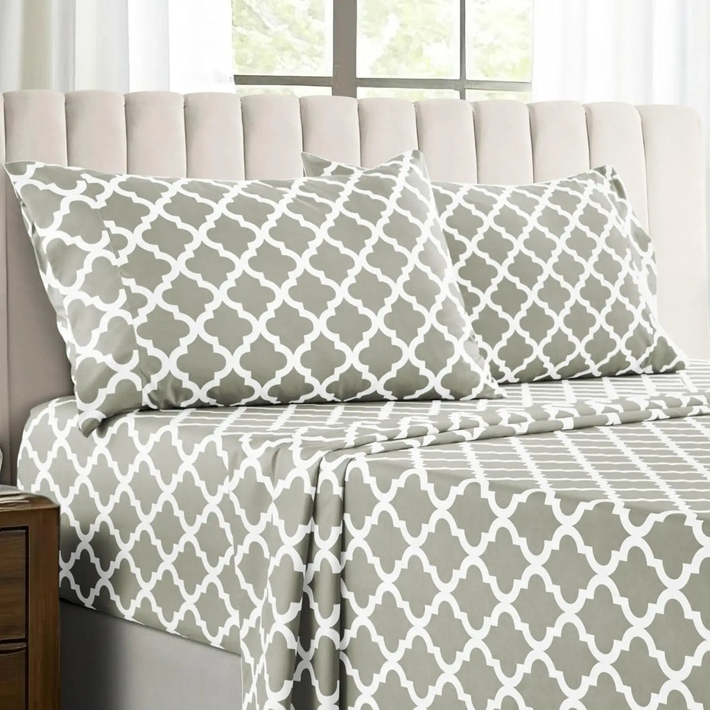 4Pc Quatrefoil Sheet Set – Soft Microfiber, Wrinkle-Free, Luxurious Printed Bed Sheets