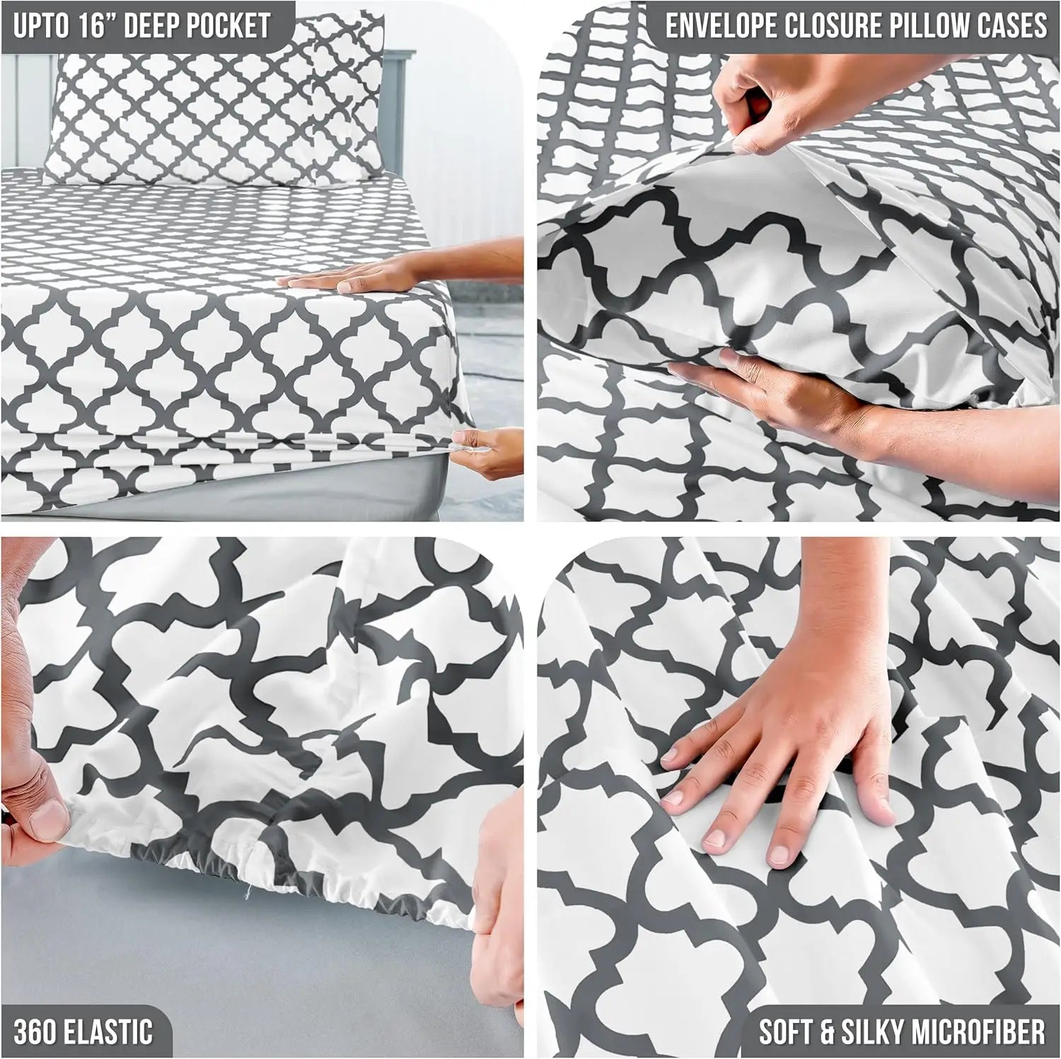 4Pc Quatrefoil Sheet Set – Soft Microfiber, Wrinkle-Free, Luxurious Printed Bed Sheets