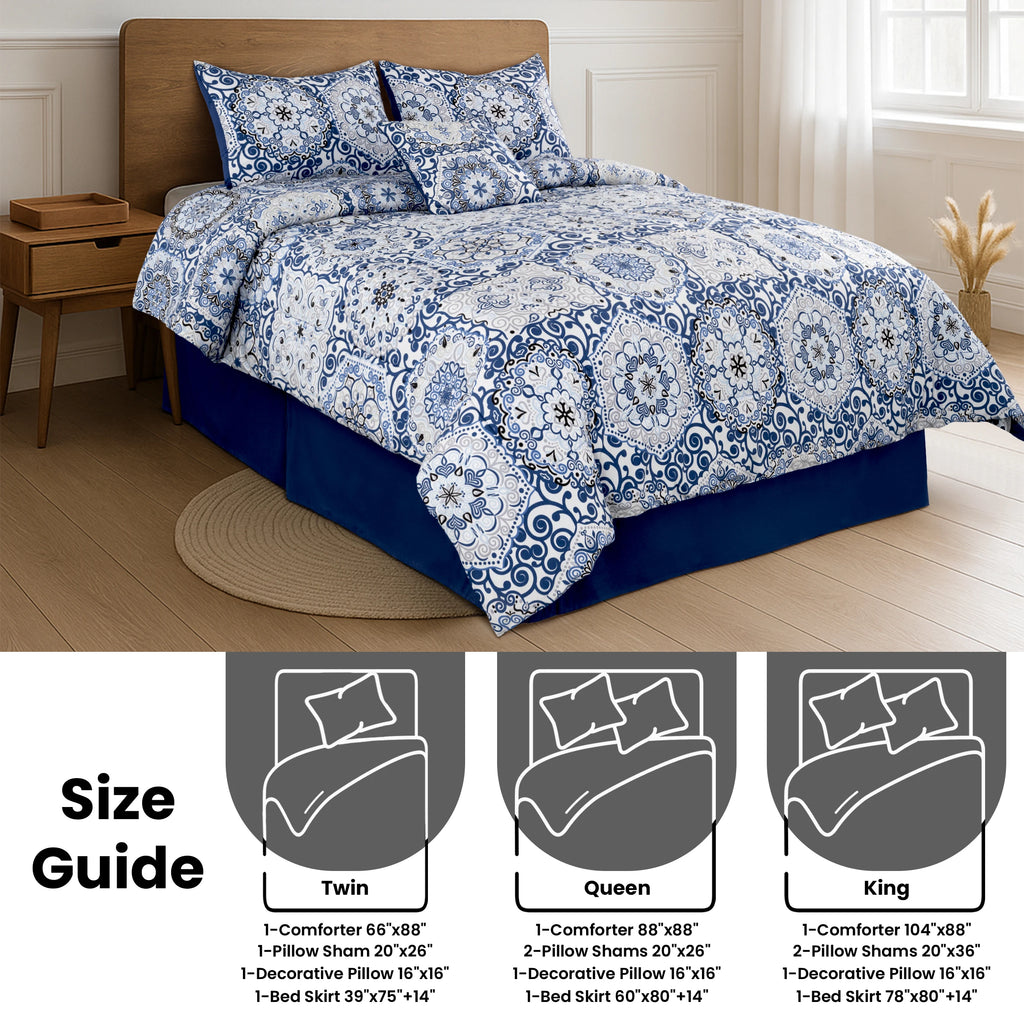 Reversible 5pc Comforter Set,  Microfiber Bed in a Bag, Includes 1 Comforter, 2 Pillow Shams