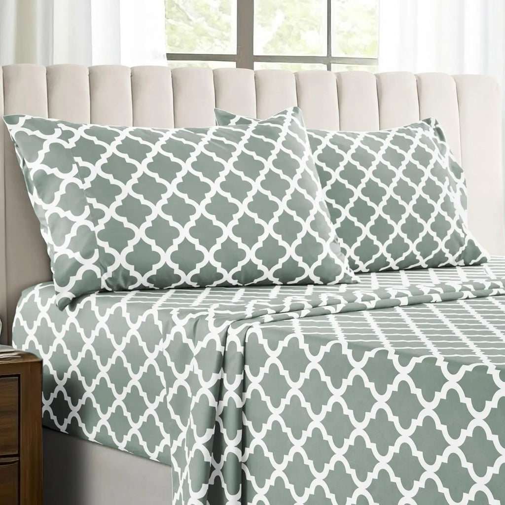 4Pc Quatrefoil Sheet Set – Soft Microfiber, Wrinkle-Free, Luxurious Printed Bed Sheets
