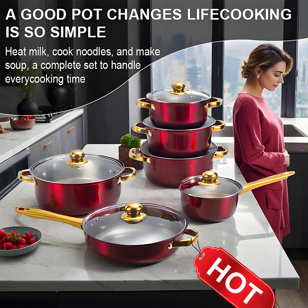 Red Cookware Set, 12-Piece ,Stainless Steel, Non-Stick, Kitchen Cookware Collection,Complete Kitchen Solution