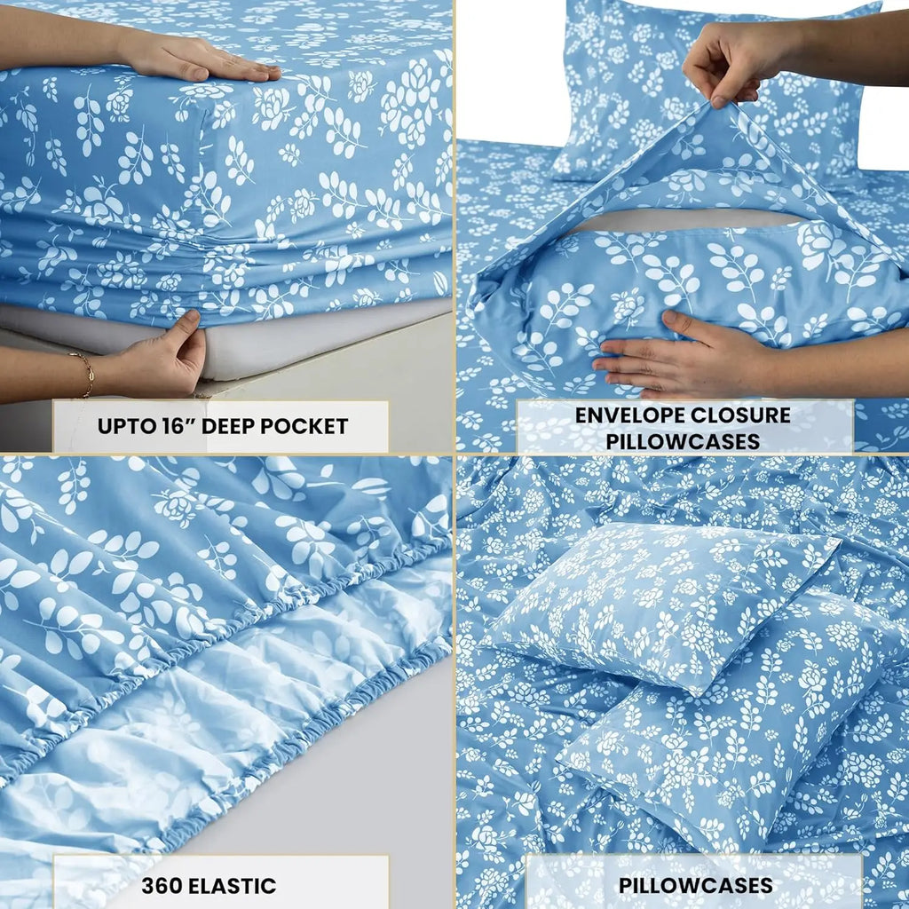 4Pc Floral Sheet Set – Soft Microfiber, Wrinkle-Free, Luxurious Printed Bed Sheets