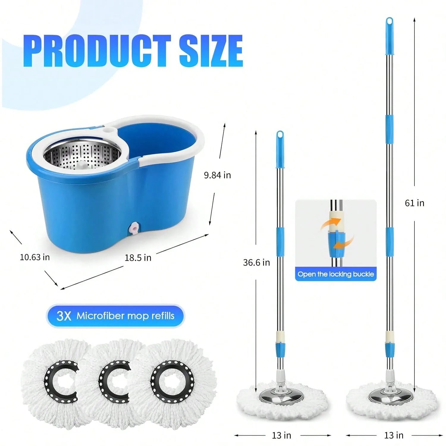 Spin Mop Bucket Set  Adjustable Stainless Steel Handle 20QT Floor Cleaner