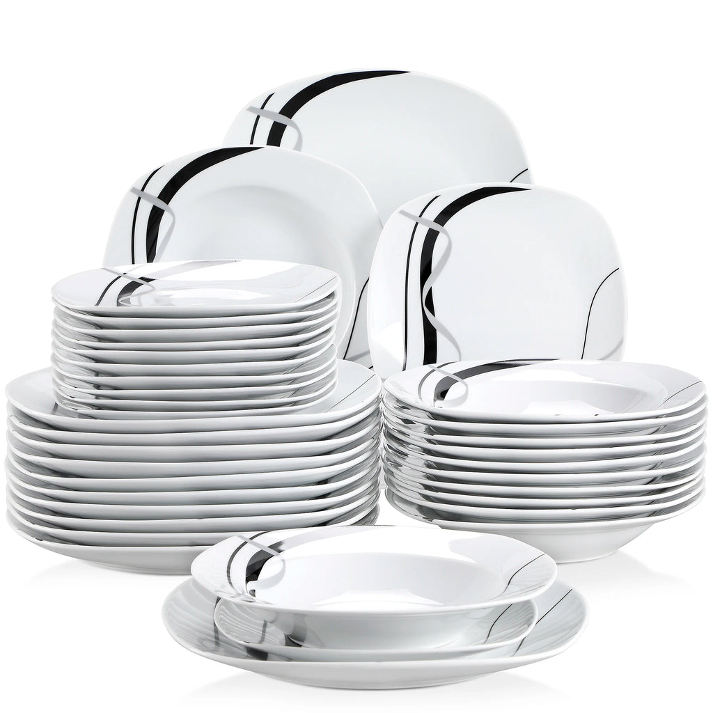 VEWEET FIONA 18-Piece Porcelain Ceramic Black Line Kitchen Tableware Dishes Plate Set