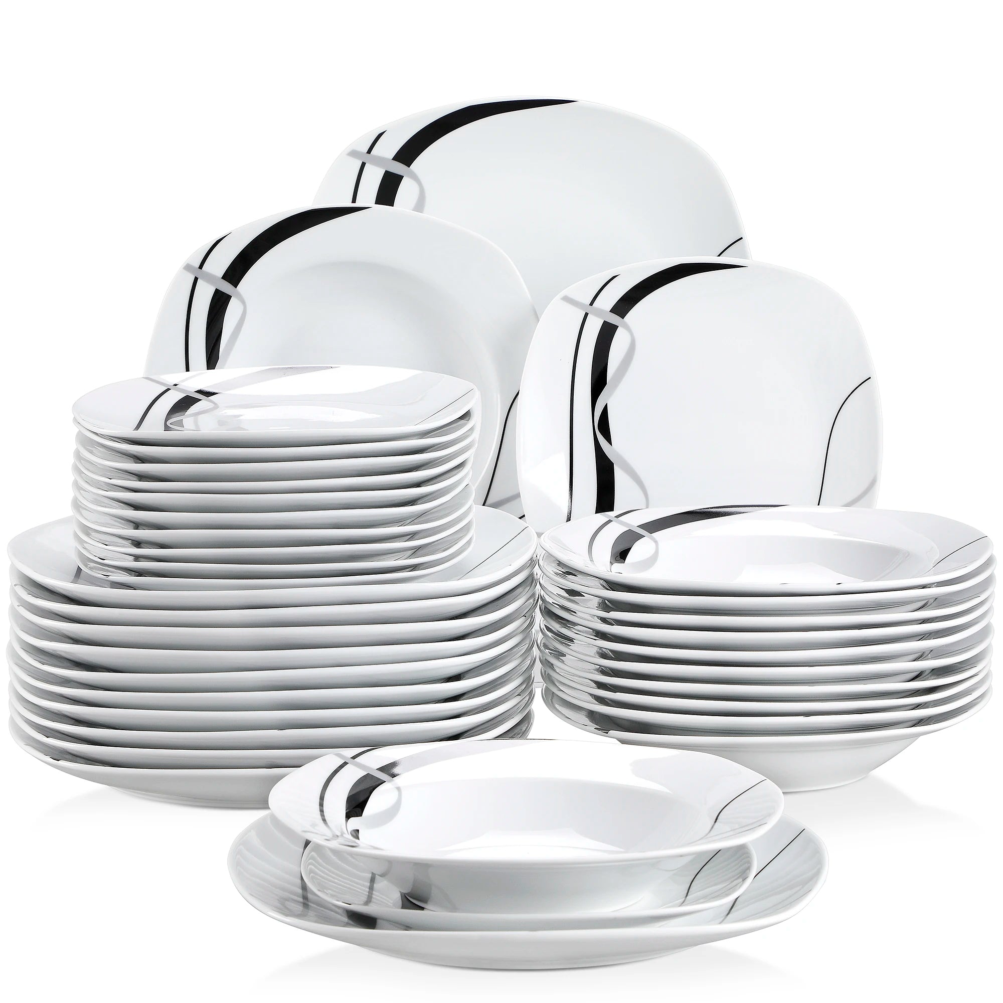 VEWEET FIONA 18-Piece Porcelain Ceramic Black Line Kitchen Tableware Dishes Plate Set