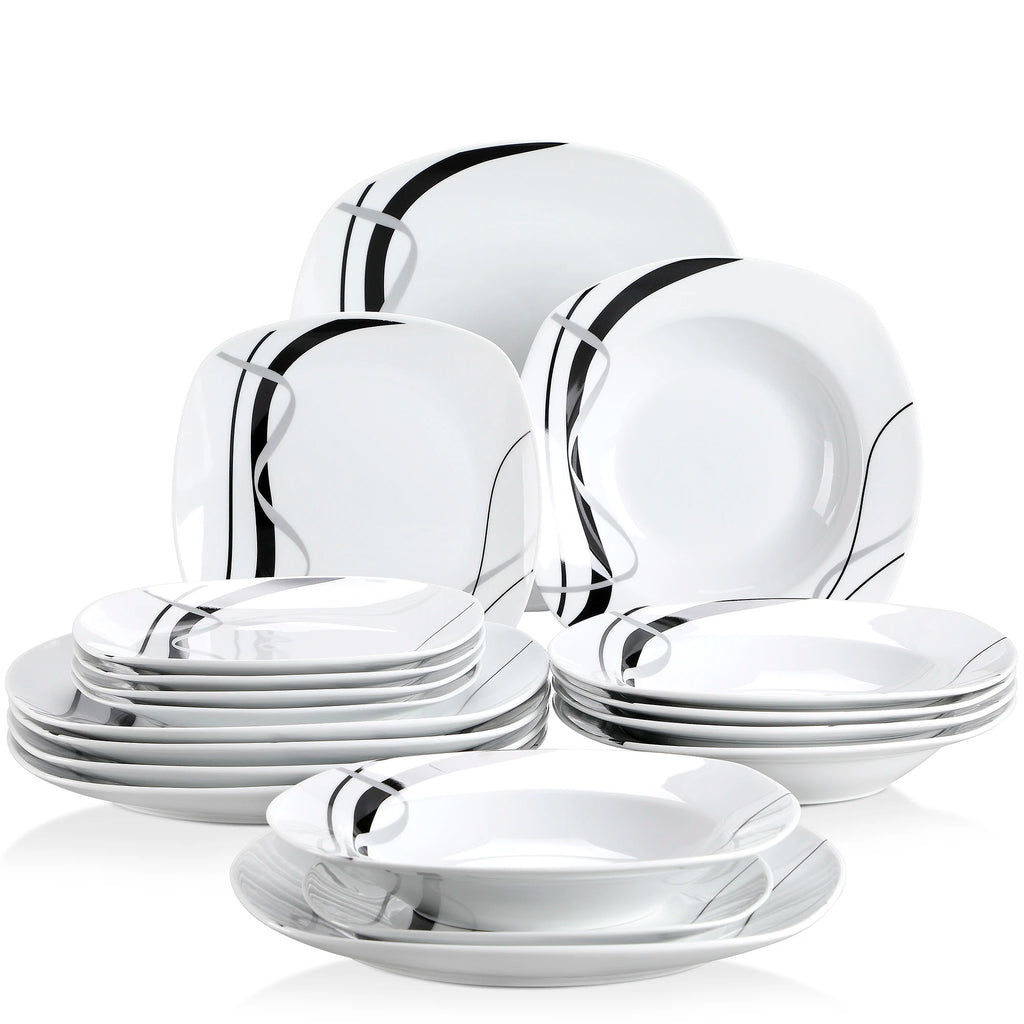 VEWEET FIONA 18-Piece Porcelain Ceramic Black Line Kitchen Tableware Dishes Plate Set
