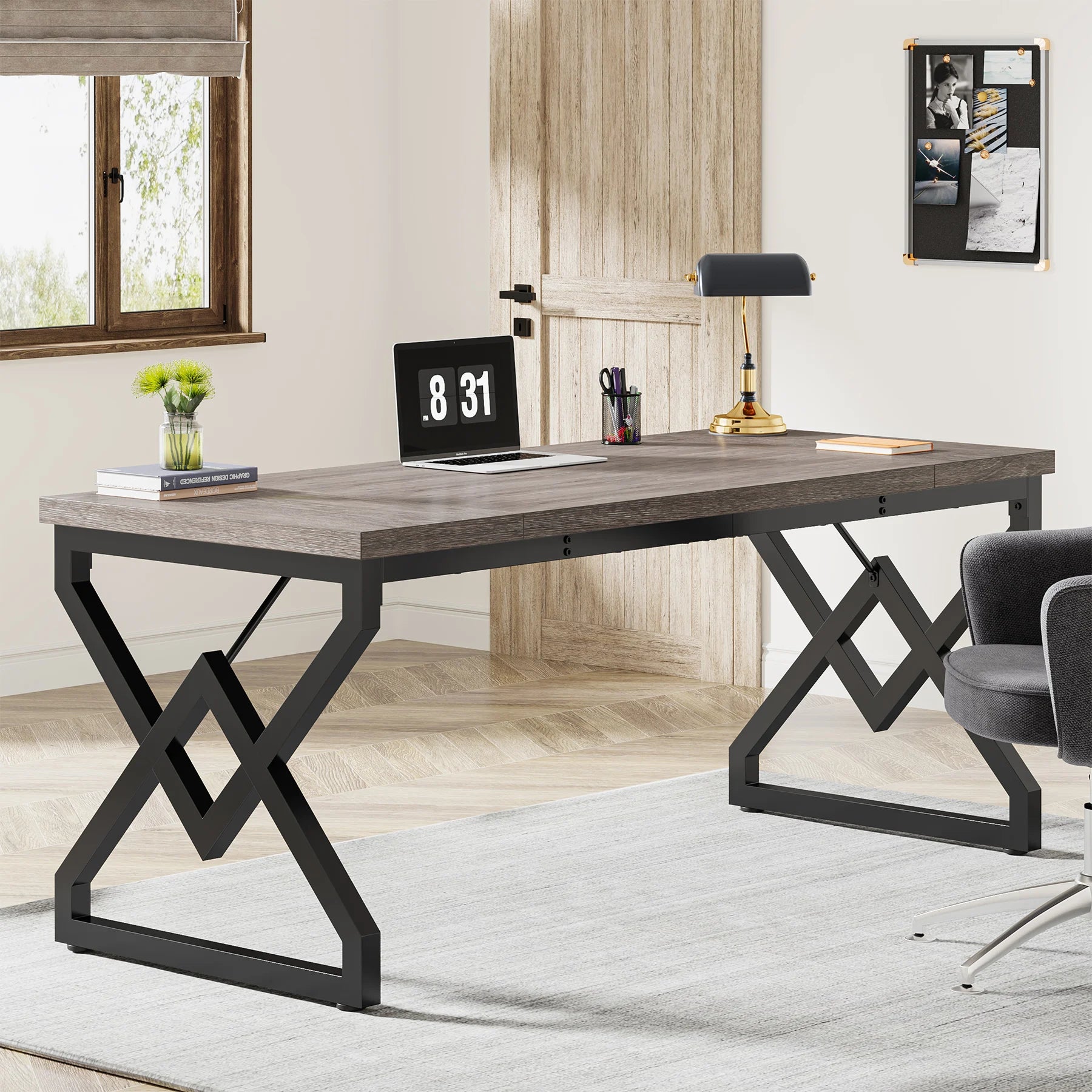 Tribesign 63" Large Industrial Executive Desk  Tabletop & Metal Frame, Heavy-Duty Home Office Desk