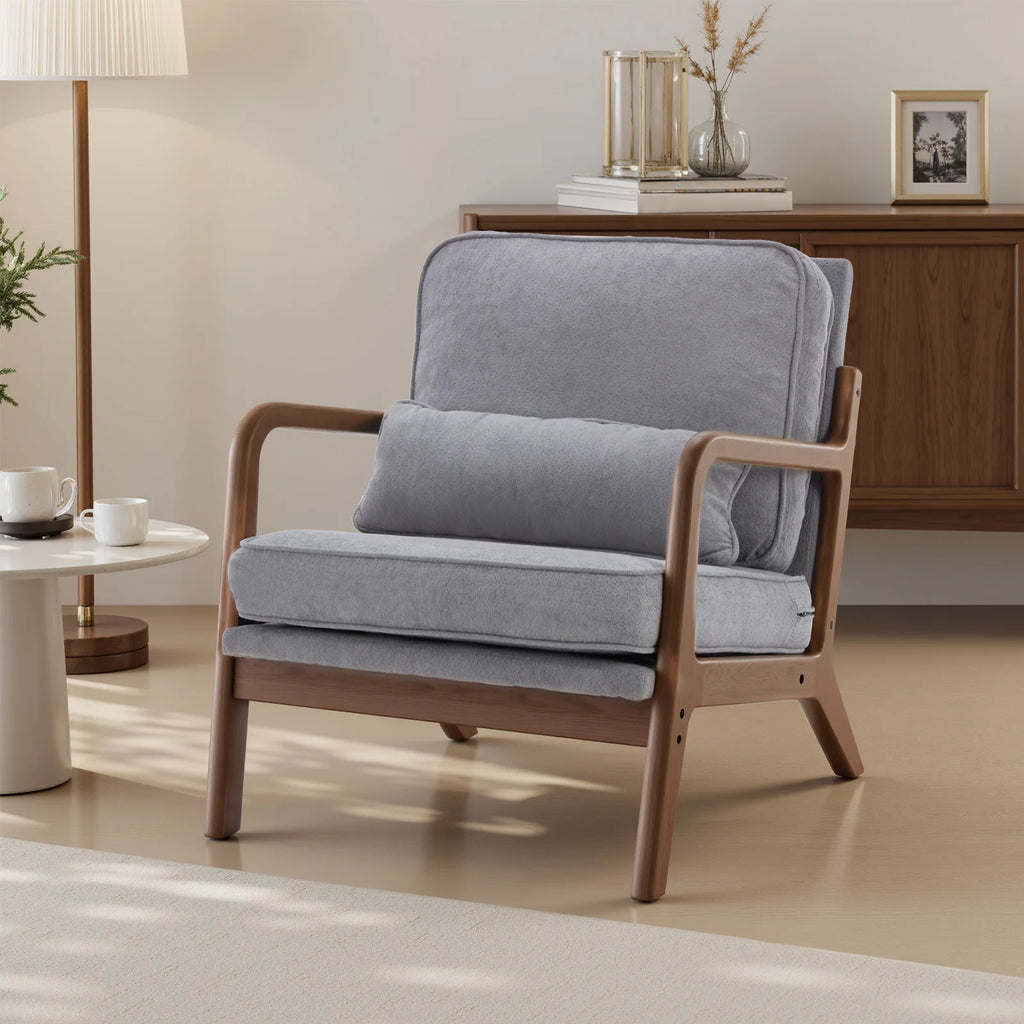 Modern Chair Solid Wooden Frame Accent Chair with Arms and Waist Cushion Reading Chairs