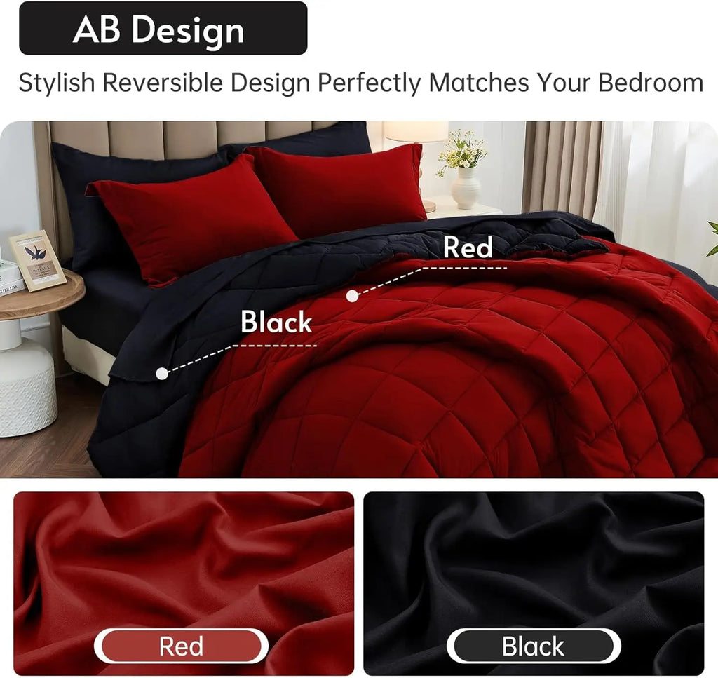 Reversible Comforter Set, All Season Bedding Set with Comforter, Pillow Shams, Red & Black,