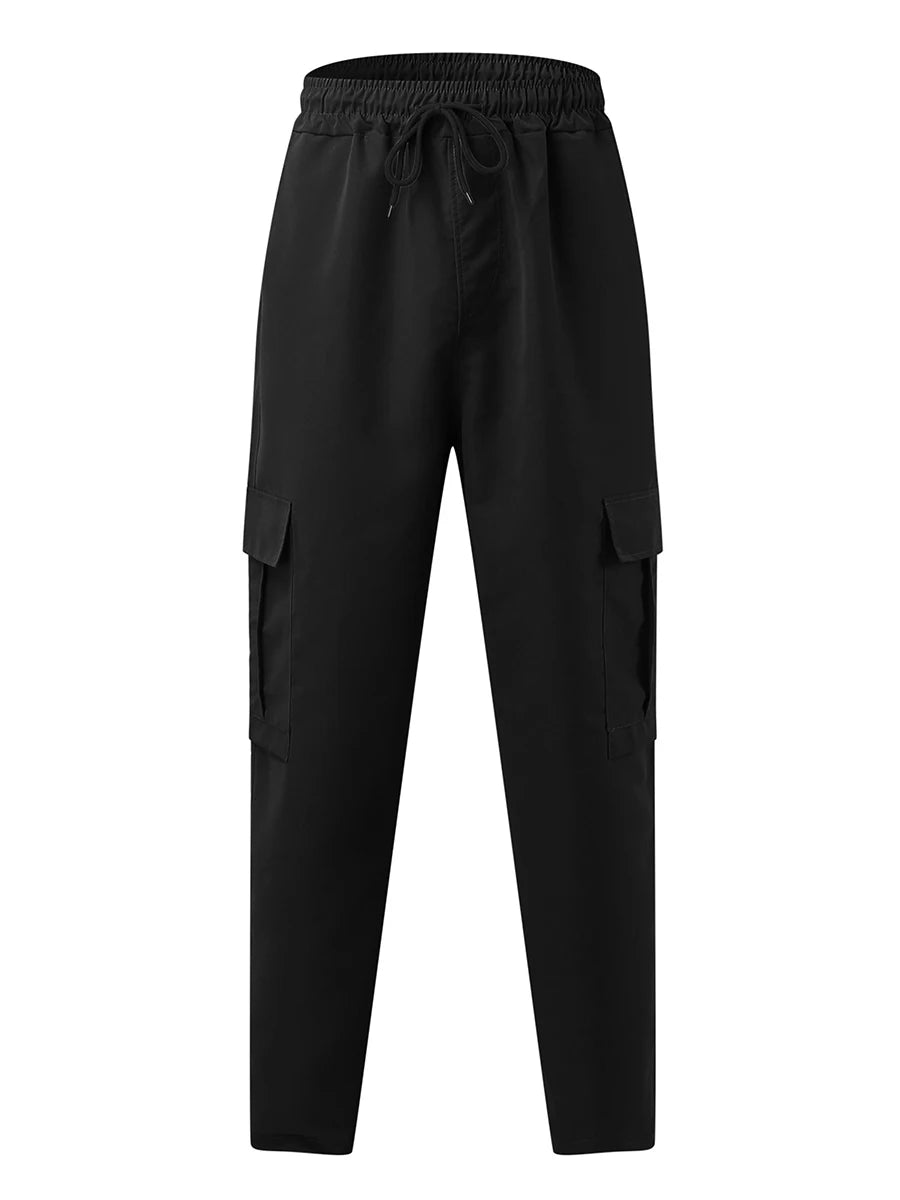 Men s Loose Cargo Long Pants Drawstring Waist Straight Leg Trousers  with Pockets