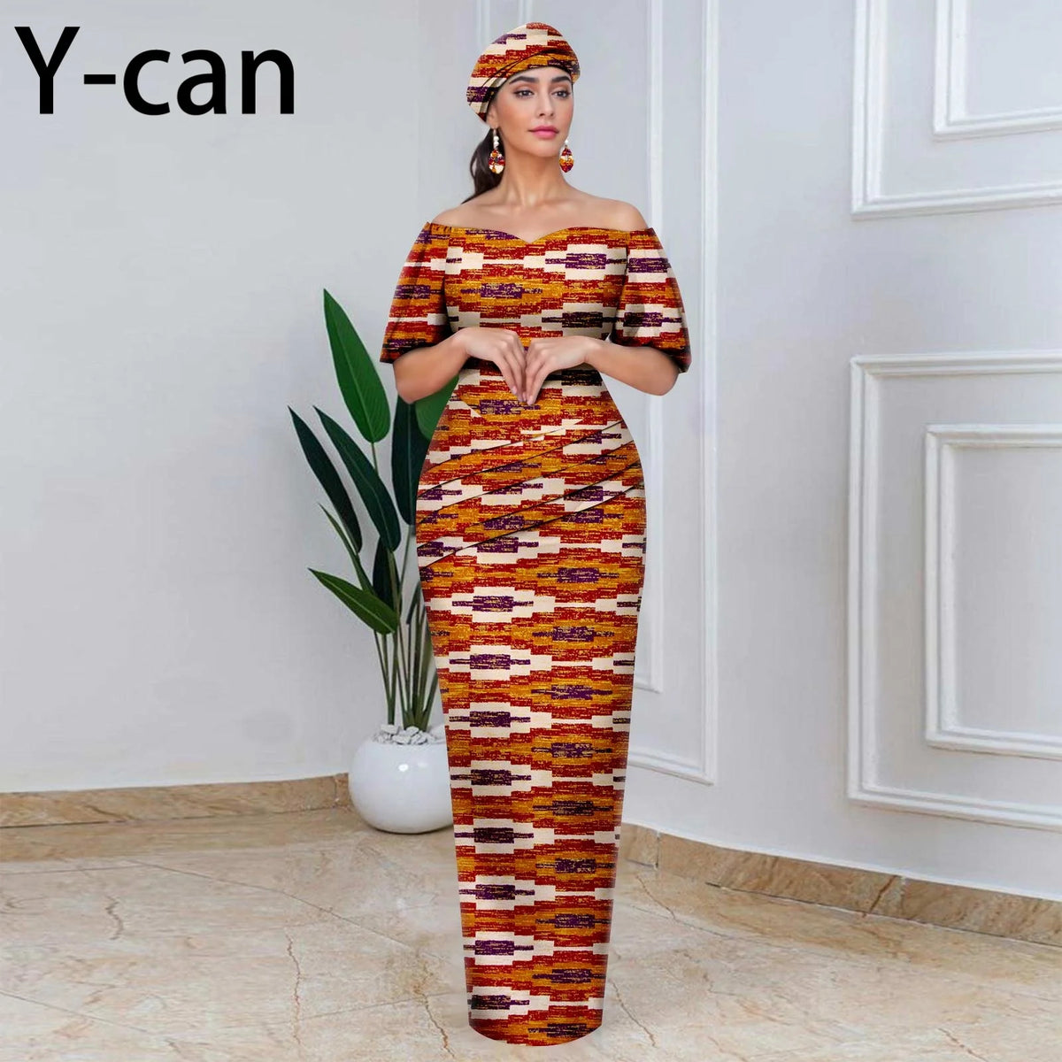 African Party Dresses for Women Off Shoulder Folds Women Maxi Dress with Headscarf and Earrings Traditional Wedding