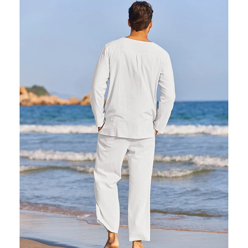 Men s Summer Cotton Linen   Long Sleeve Henley Shirt Elastic Waist Drawstring Pants 2 Pieces Loungewear Set