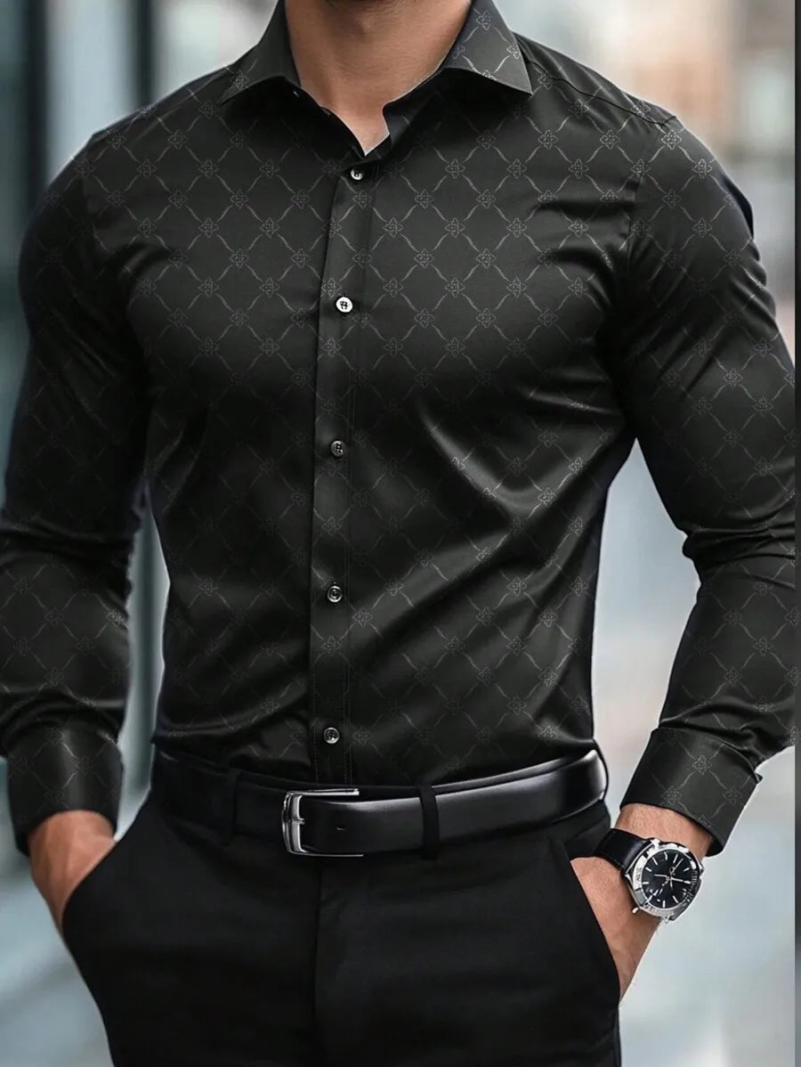 Men's Slim Fit Long Sleeve Button Down Dress Shirt with Geometric Pattern, Black, Fall