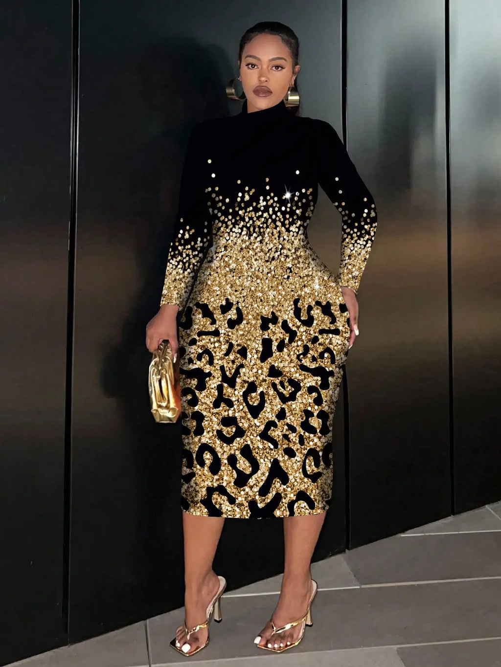 Plus Size Gold Black Leopard Print Sequin Long Sleeve Bodycon Midi Dress for Parties