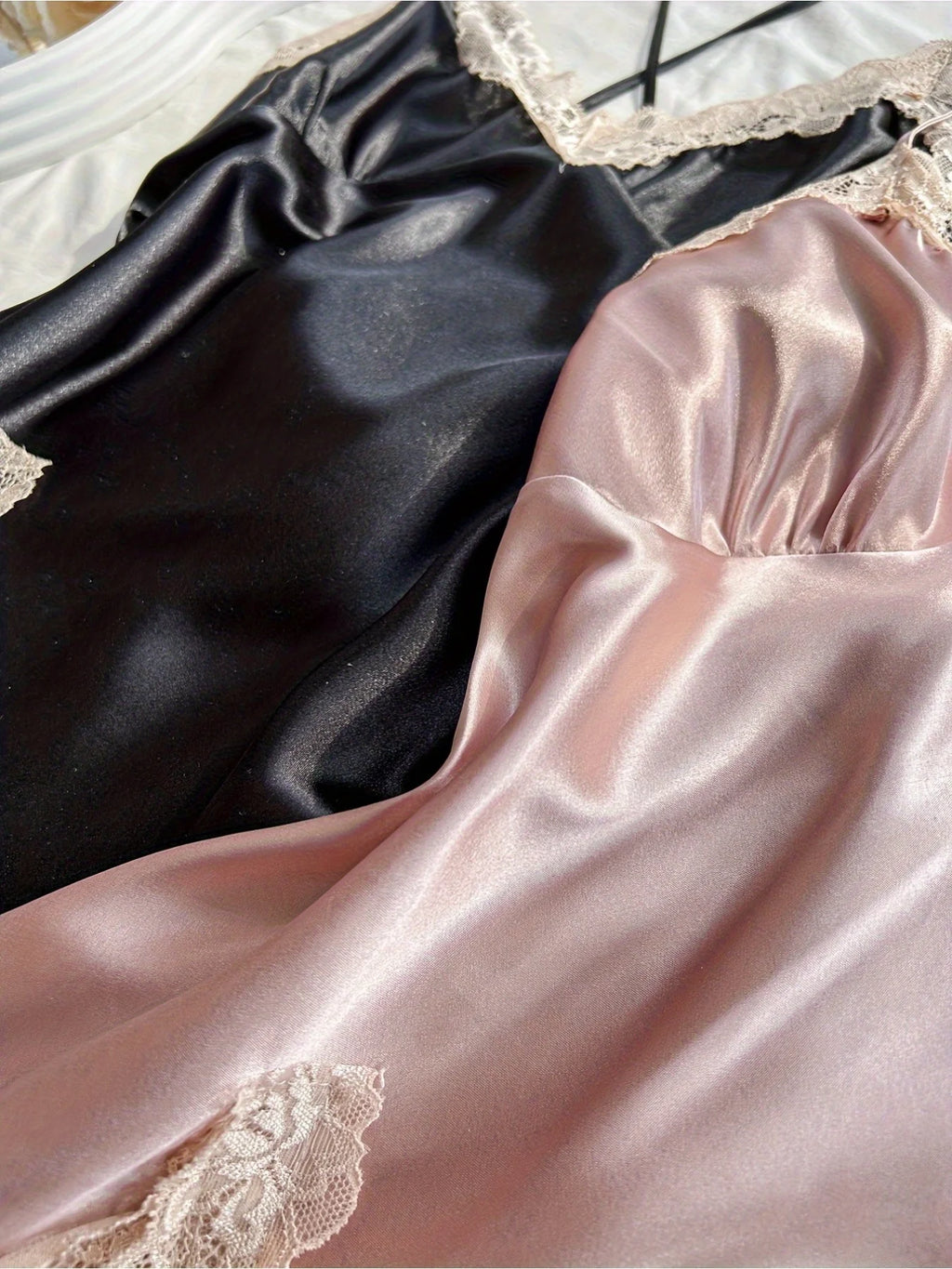2Pcs  Satin Sleepwear Set Black & Blush, V-Neck Strapless Nightgown Lingerie Dress, All-Season Nightwear