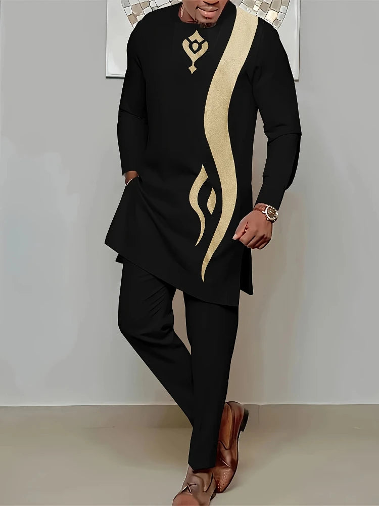 Men's Casual Long-Sleeved Two-Piece Set: Mid-Length Top and Trousers