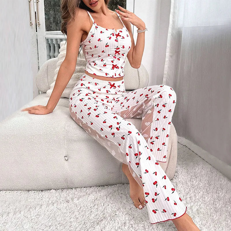 Women's Sleepwear Lace Pajama Sets Contrast Lace Pajamas Pj Set Summer Sleevelss Cami Top & Elastic Pants Pyjama 2 Piece Pajamas