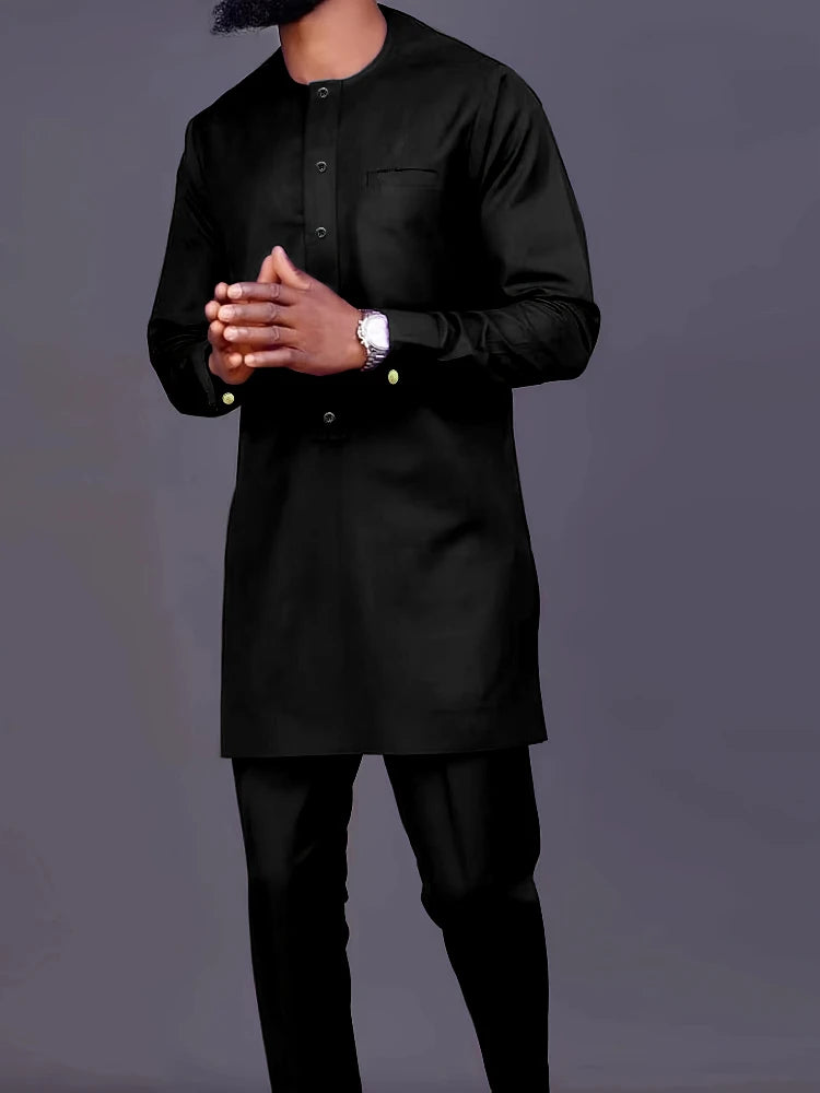 Men's Casual Long-Sleeved Two-Piece Set: Mid-Length Top and Trousers