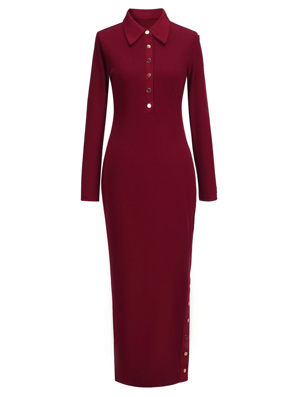 Polo Neck Dress  Slim-Fit Long Skirt Side Slit Button Long-Sleeved Hip Dress