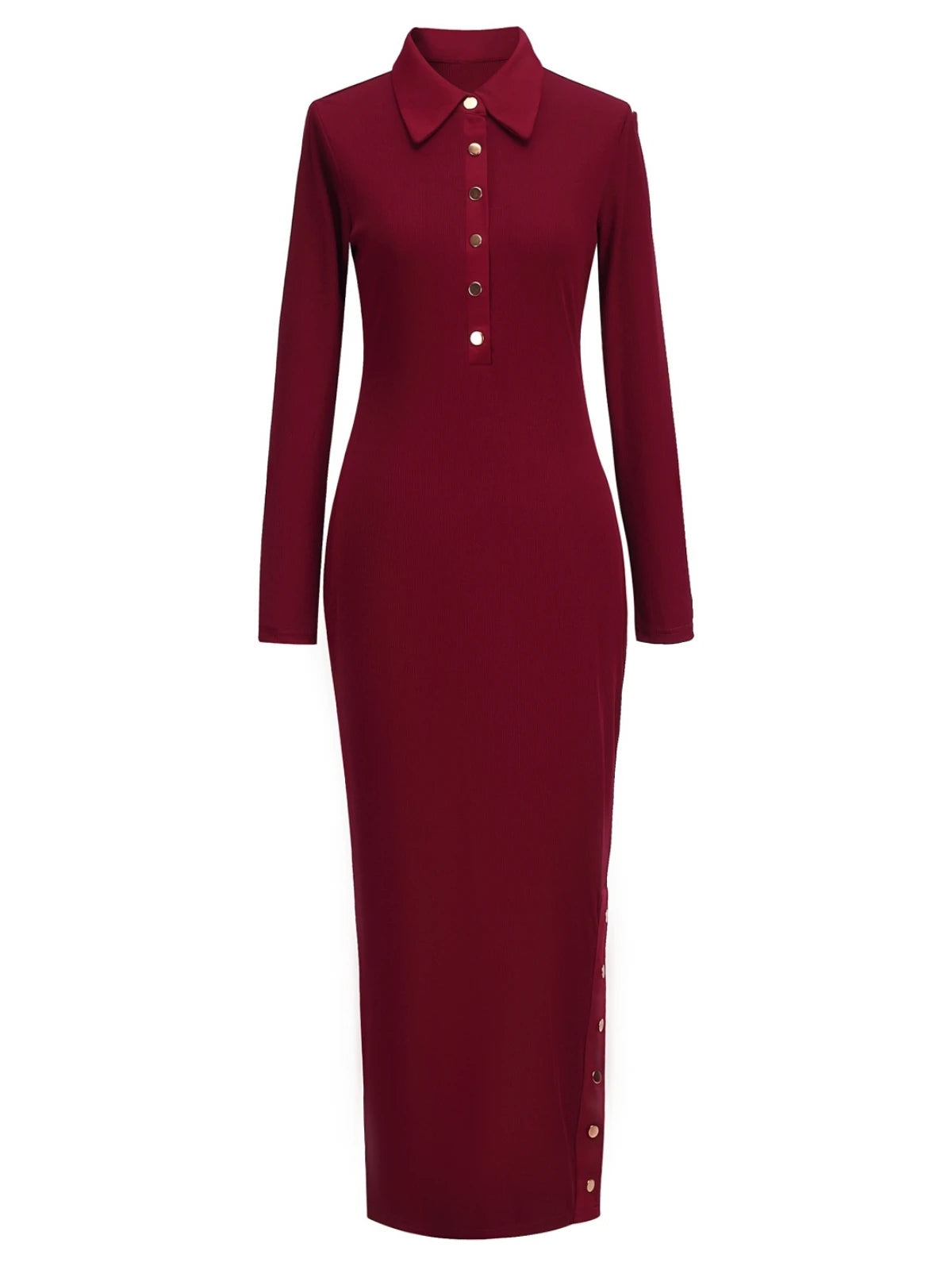 Polo Neck Dress  Slim-Fit Long Skirt Side Slit Button Long-Sleeved Hip Dress
