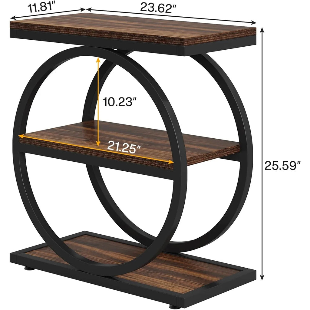 End Table with 3 Storage Shelves and Black Metal Frames for Living Room, and Bedside Table for Bedroom