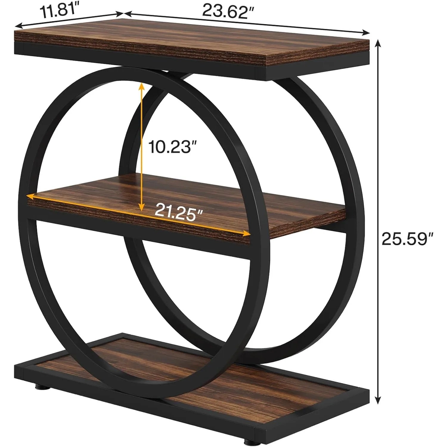End Table with 3 Storage Shelves and Black Metal Frames for Living Room, and Bedside Table for Bedroom
