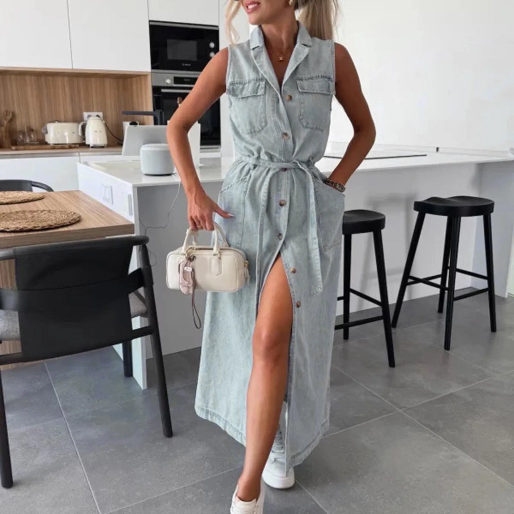 Ladies' Casual Fashionable Sleeveless Waist Cinched Single Breasted Denim  Elegant Women's Dresses
