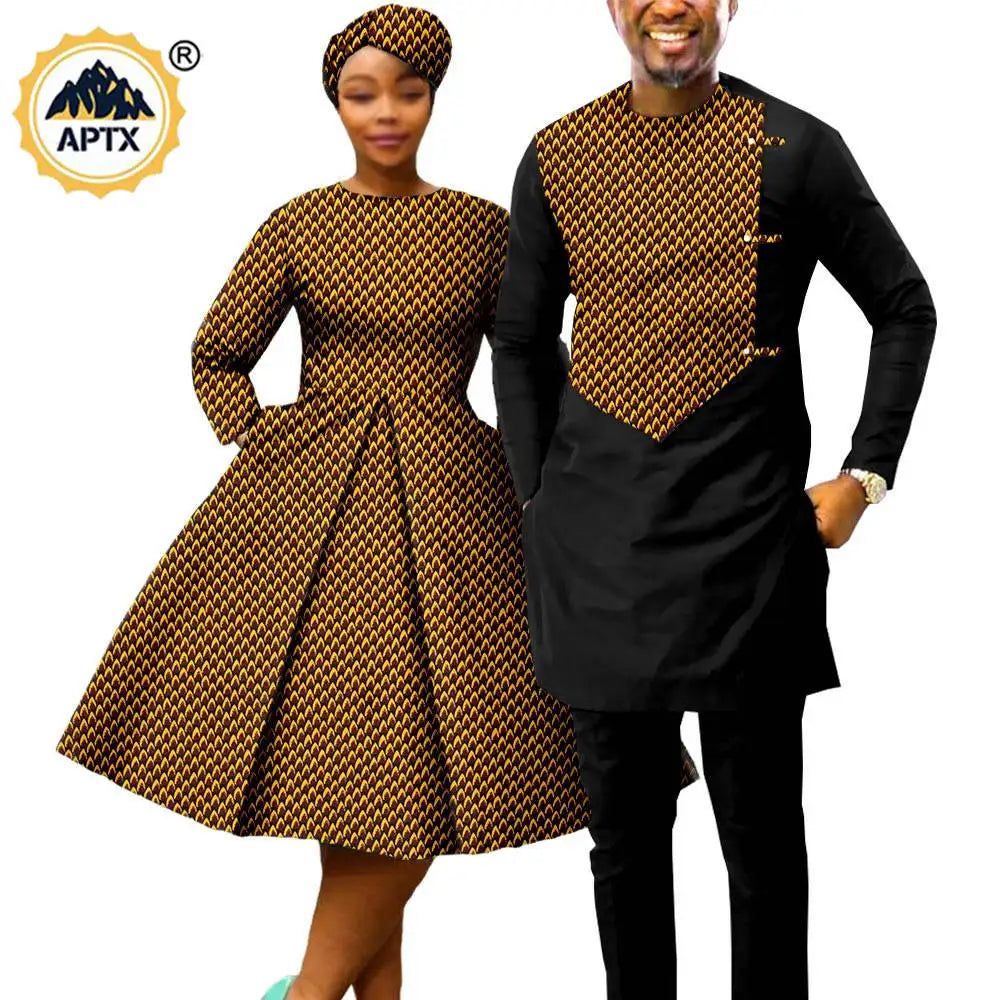 African Print Dresses for Women with Head wrap Matching Couple Outfits Men Patchwork Shirt and Pants Sets