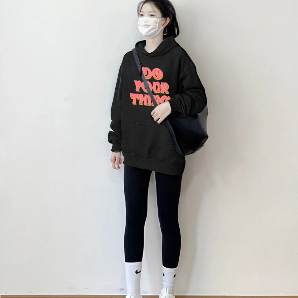 Do Your Thing Hoodie Black Hoodie Bold Text Print Casual Loose Long Sleeved Autumn Winter Empowering Style Comfortable Top