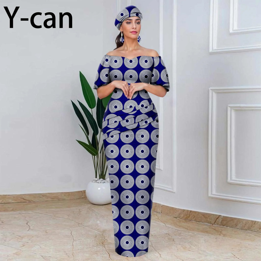 African Party Dresses for Women Off Shoulder Folds Women Maxi Dress with Headscarf and Earrings Traditional Wedding