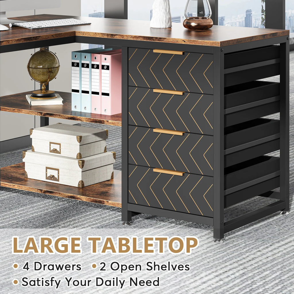 Computer Desk with Storage Drawers, 59 inch Corner Desk with Shelves, Reversible L-Shaped Office Desk Study