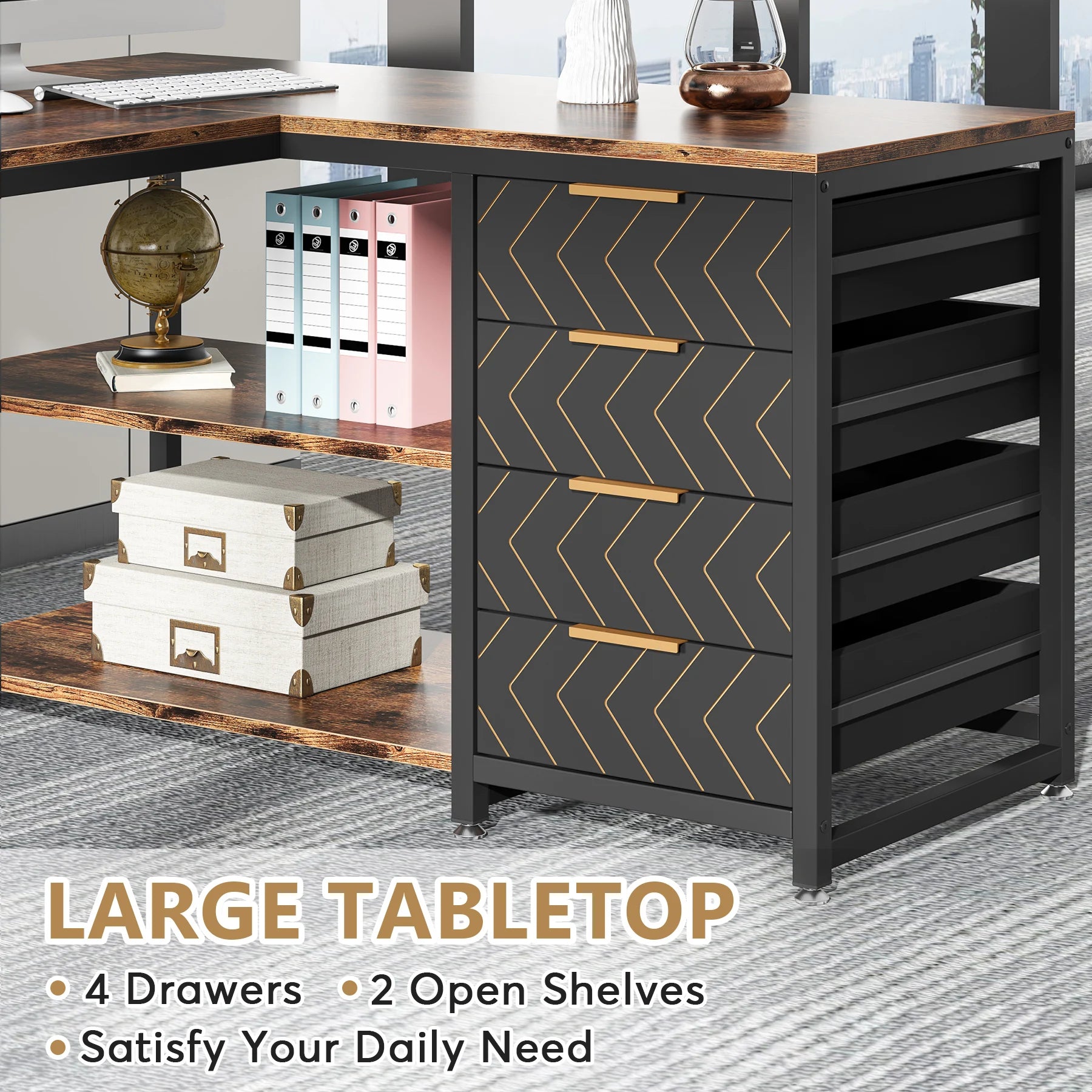 Computer Desk with Storage Drawers, 59 inch Corner Desk with Shelves, Reversible L-Shaped Office Desk Study