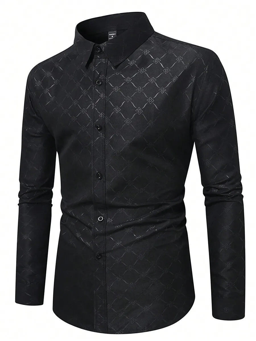 Men's Slim Fit Long Sleeve Button Down Dress Shirt with Geometric Pattern, Black, Fall