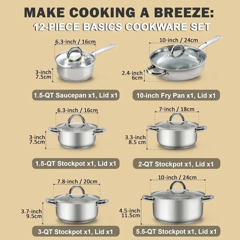 Kitchen Cookware Sets, 12-Piece Basic Stainless Steel Pots and Pans, Silver