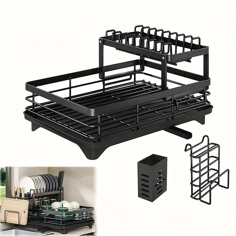 Double-Tier Extendable Dish, Utensil Rack & Draining Board for Kitchen Worktops
