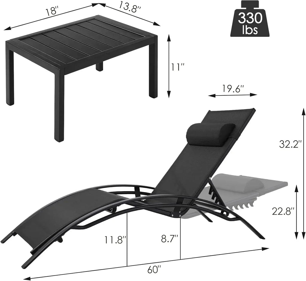 Customizable 3 pcs Poolchairs Patio Chaise Lounge Set with Headrest, 5-Level Adjustable Sunbathing Tanning Poolside Recliner Cha