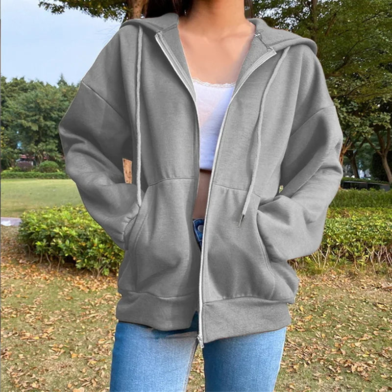 Fleece  Color Hooded  Fashion Sweatshirts Long Sleeve Top Drawstring Pockets Loose Zipper  Hoodies