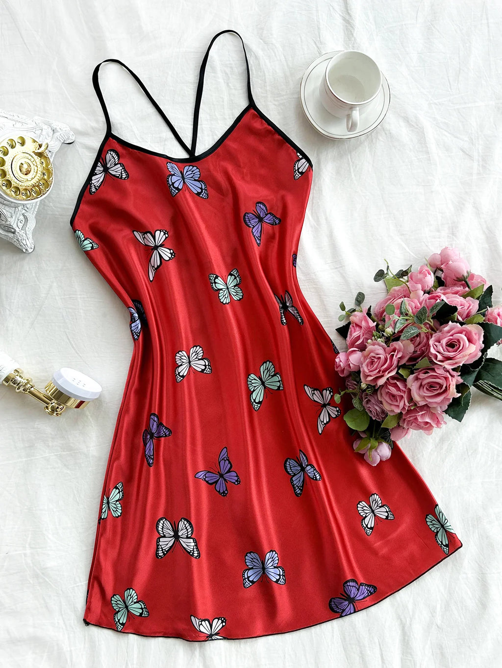 Silk Stain Butterfly  Nightdress for Women Sexy Nightgowns Backless Pajamas Casual Home wear Sleepshirts