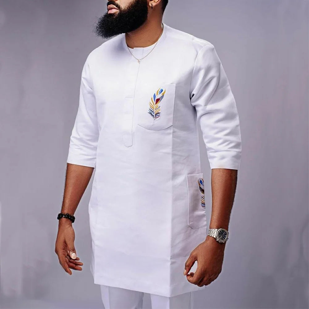 New 2Pc African Traditional O-Neck  Costume For Men Luxury Brand Clothing Full Pant Sets