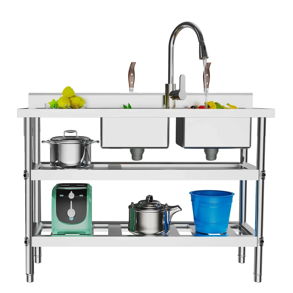 201 Stainless Steel Utility  Kitchen Sink, Free Standing Double Bowl  with Faucet